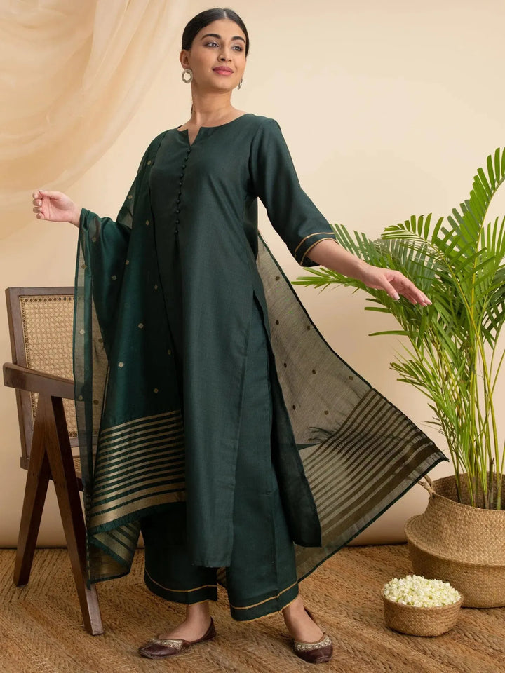 Green Solid Cotton Suit Set - Libas