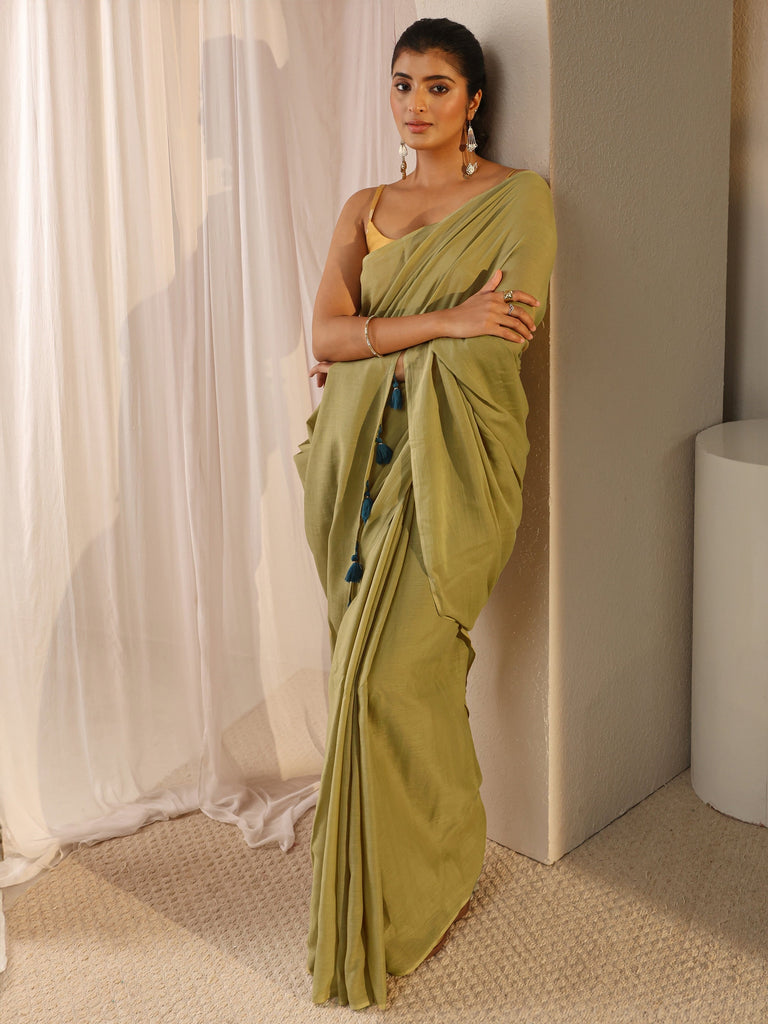 Libas Green Solid Cotton Tassel Saree