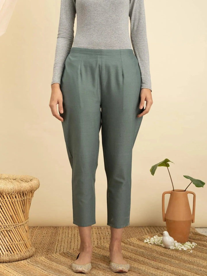 Green Solid Cotton Trousers - Libas