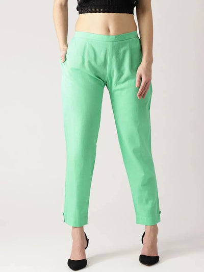 Green Solid Cotton Trousers - Libas