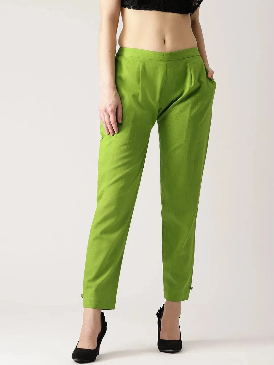 Green Solid Cotton Trousers - Libas