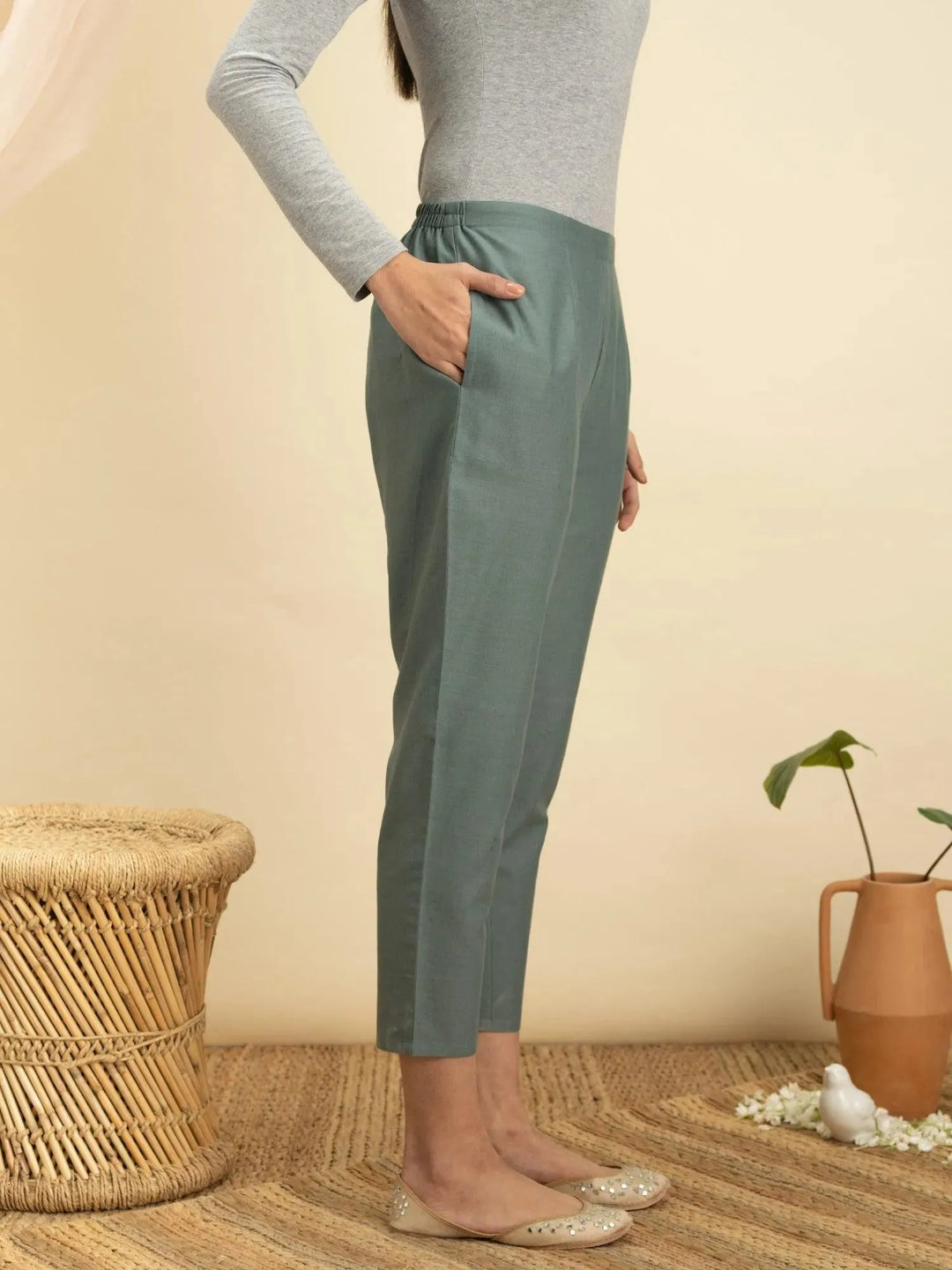 Green Solid Cotton Trousers - Libas