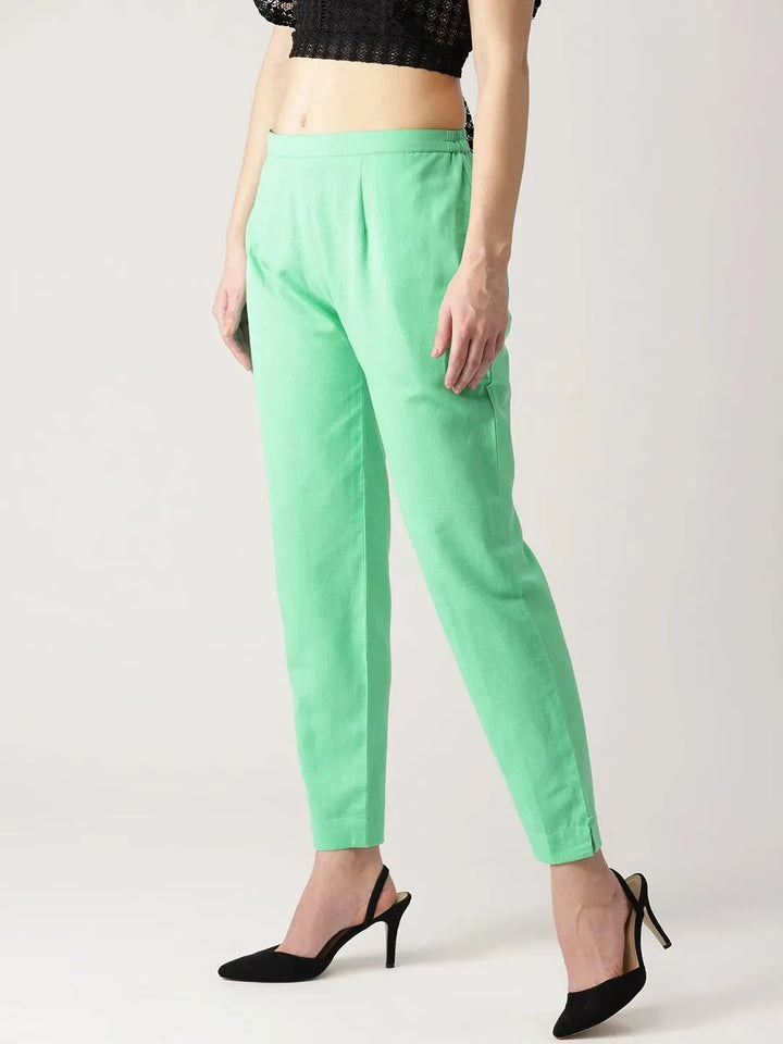 Green Solid Cotton Trousers - Libas
