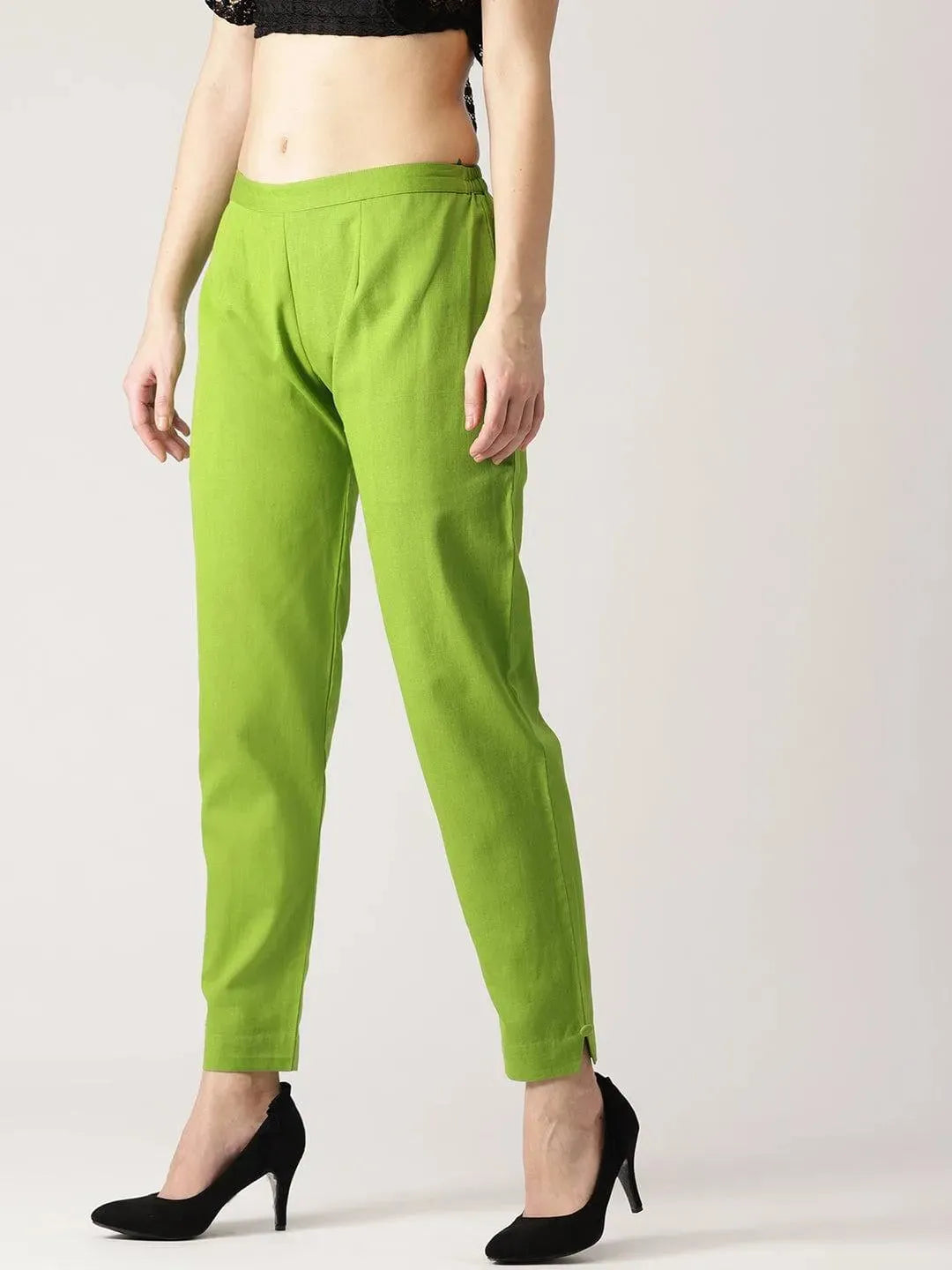 Green Solid Cotton Trousers - Libas 