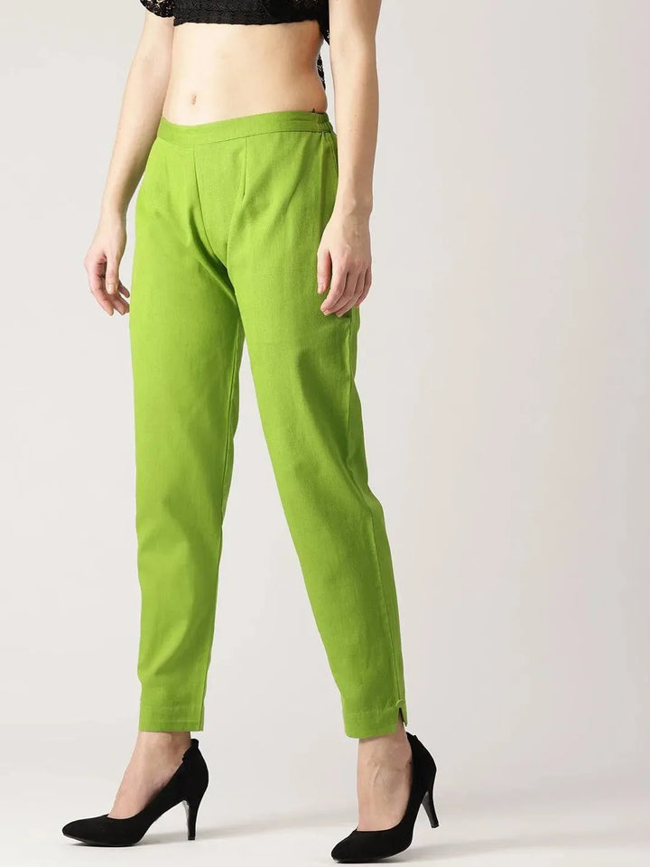 Green Solid Cotton Trousers - Libas