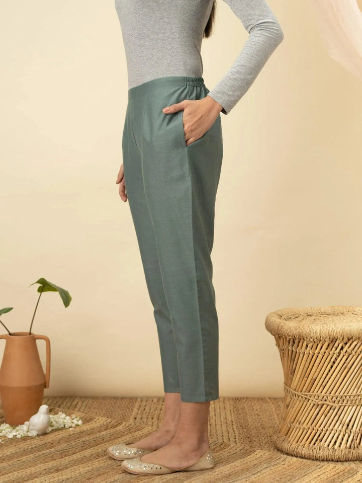 Green Solid Cotton Trousers - Libas