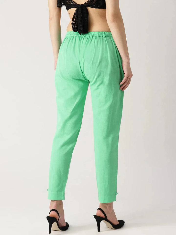 Green Solid Cotton Trousers - Libas