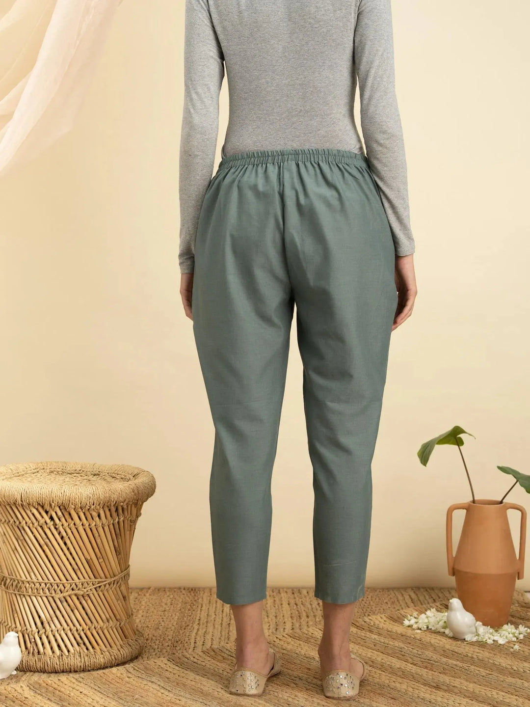 Green Solid Cotton Trousers - Libas