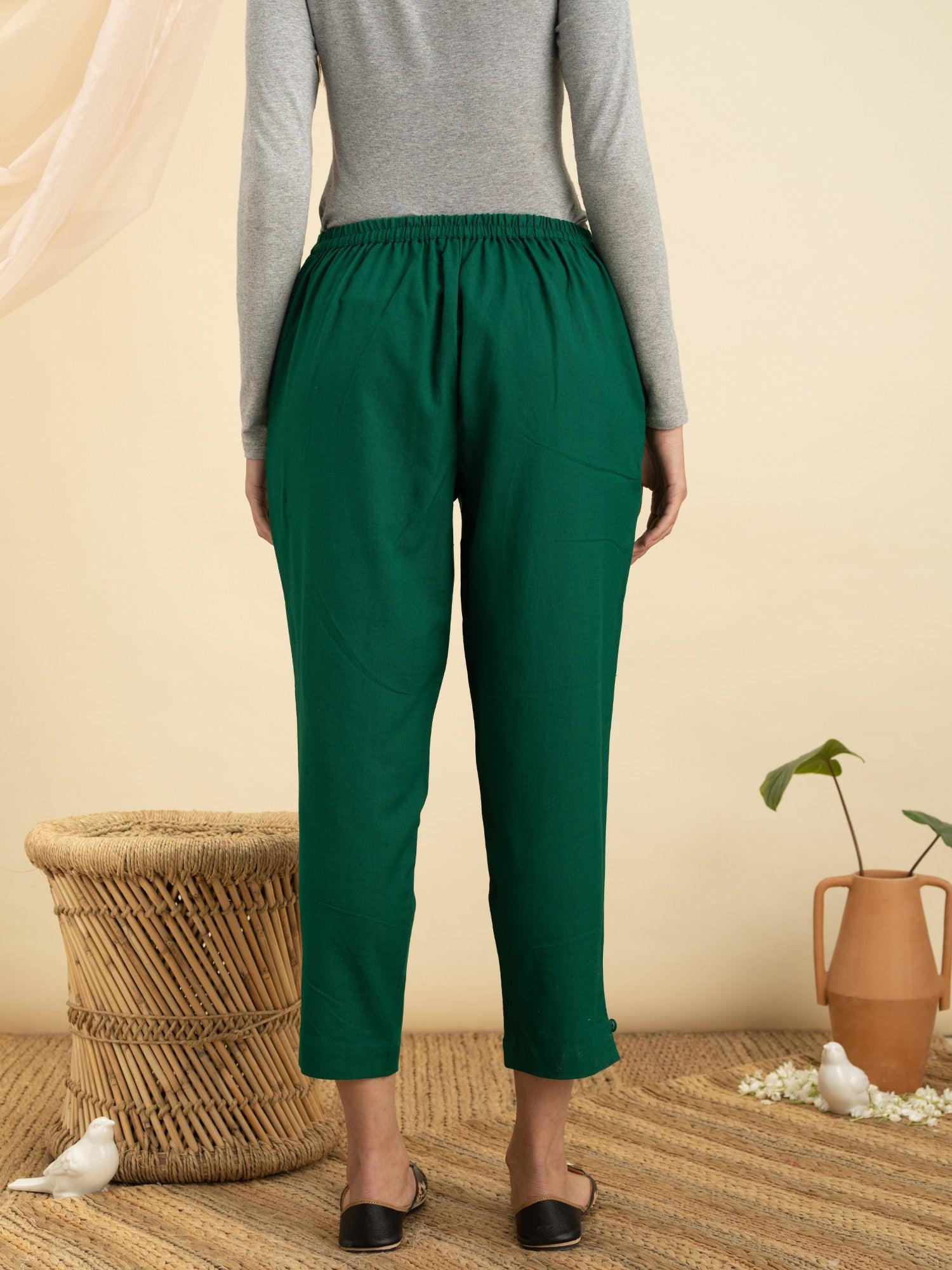 Green Solid Cotton Trousers