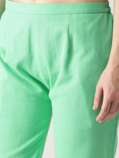 Green Solid Cotton Trousers - Libas