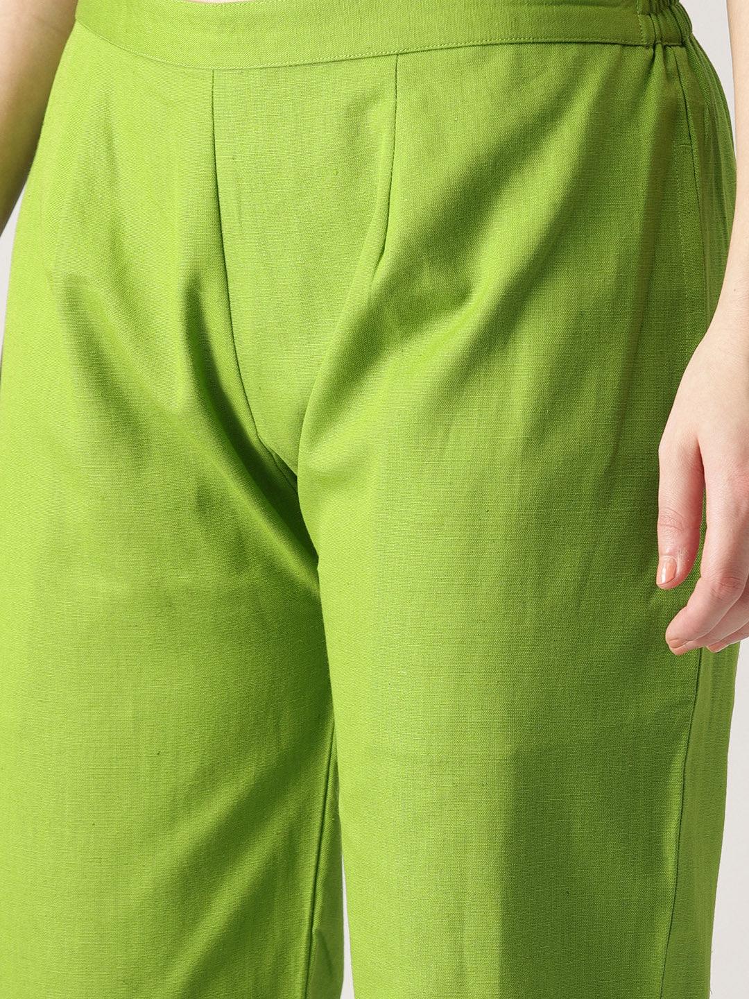 Green Solid Cotton Trousers - Libas