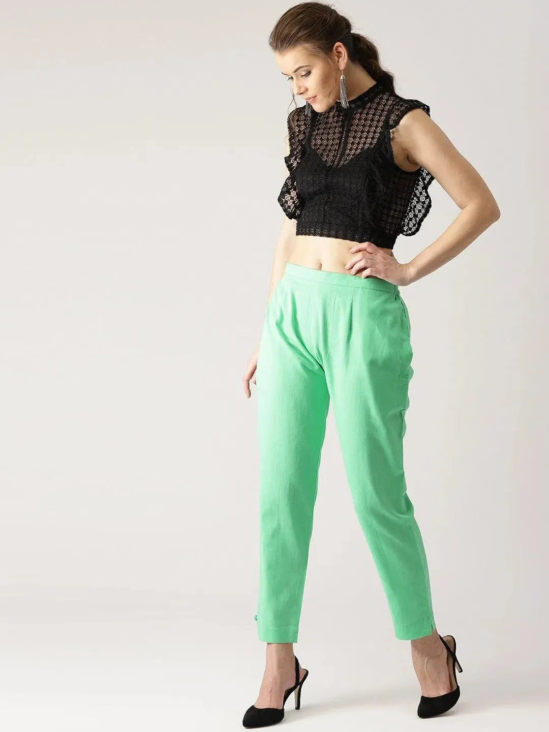 Green Solid Cotton Trousers - Libas