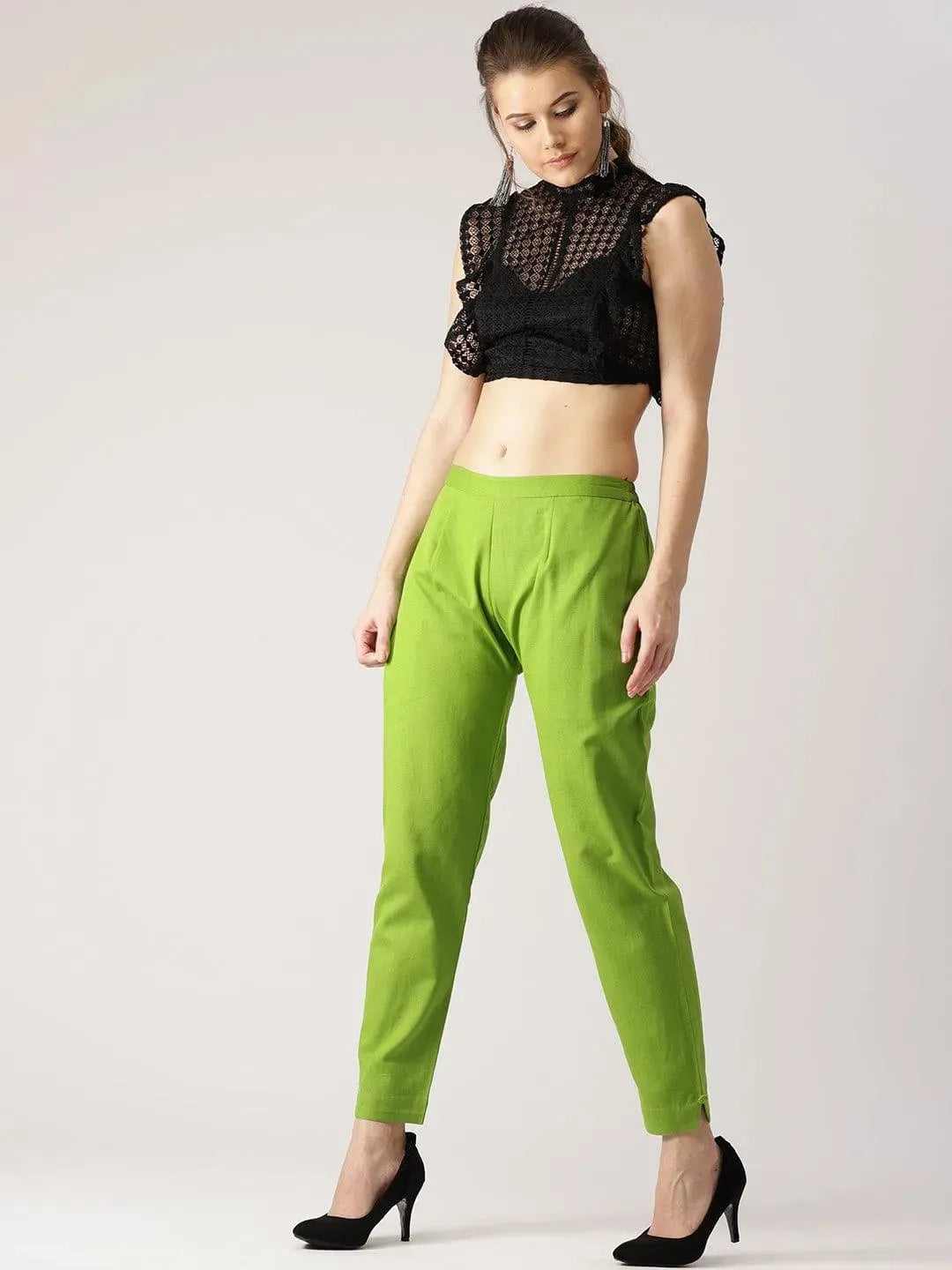 Green Solid Cotton Trousers - Libas 