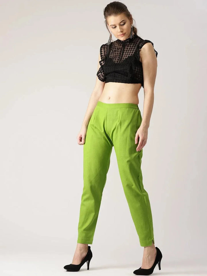 Green Solid Cotton Trousers - Libas