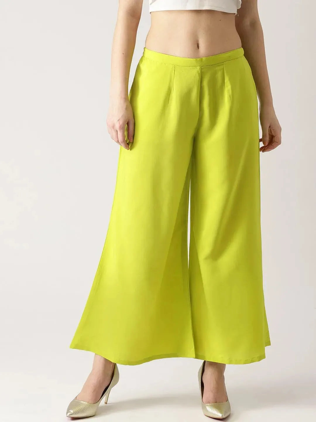Green Solid Crepe Palazzos - Libas 
