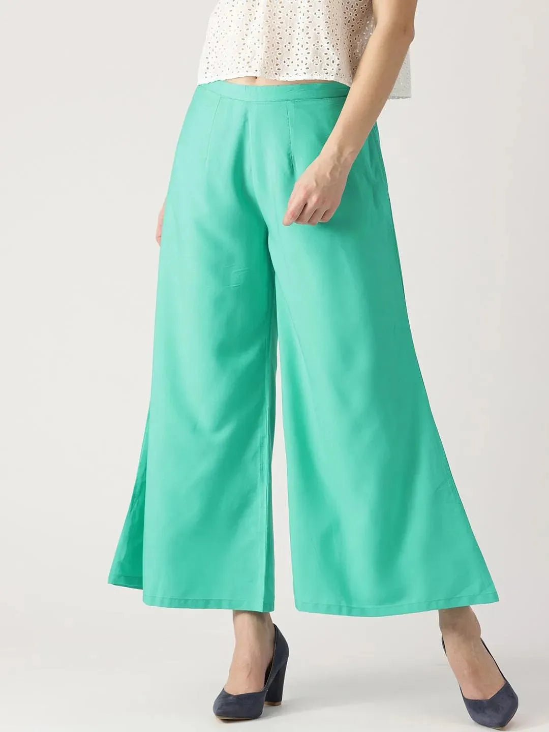 Green Solid Crepe Palazzos - Libas