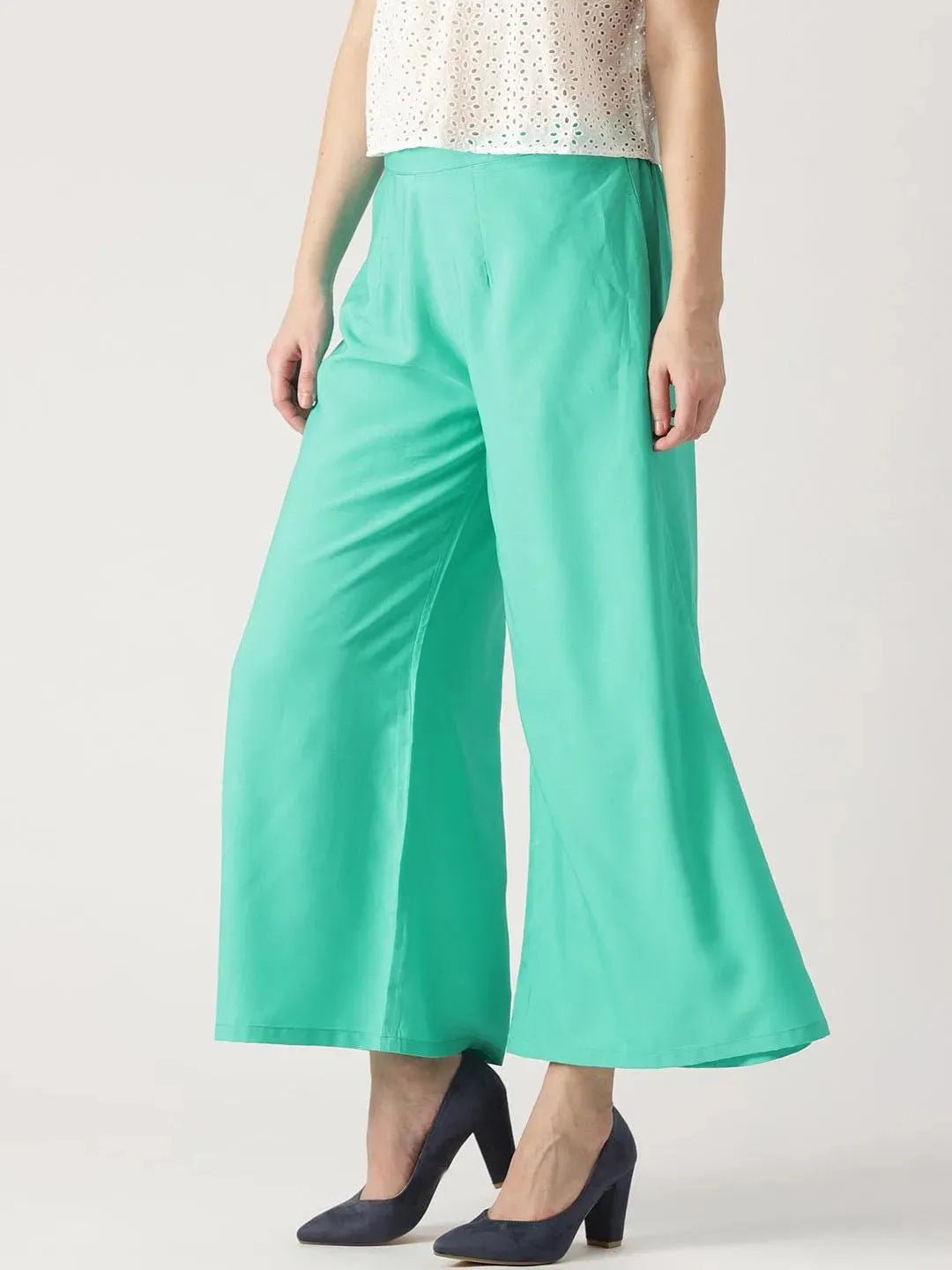 Green Solid Crepe Palazzos - Libas