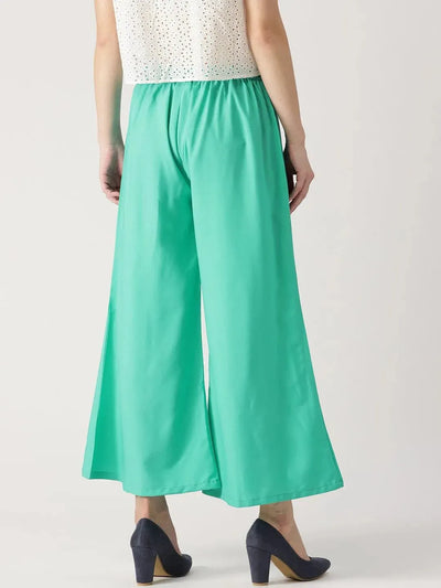 Green Solid Crepe Palazzos - Libas