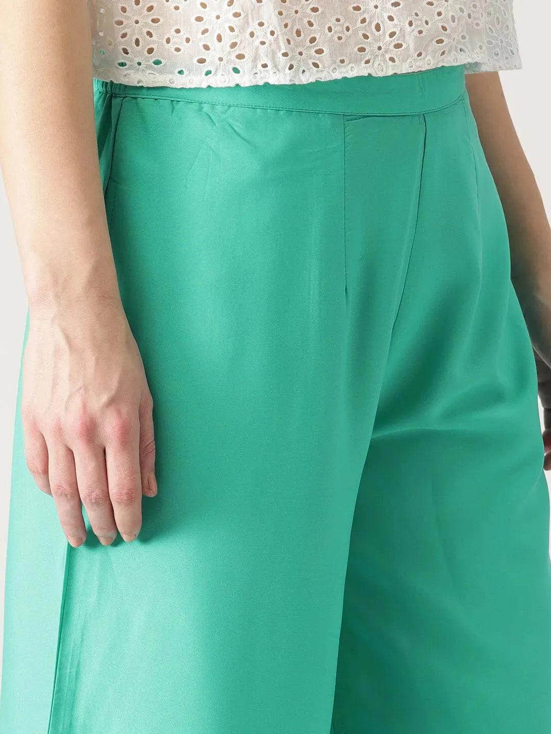 Green Solid Crepe Palazzos - Libas