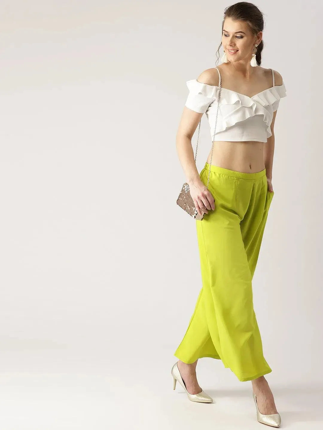 Green Solid Crepe Palazzos - Libas 