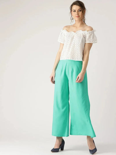 Green Solid Crepe Palazzos - Libas