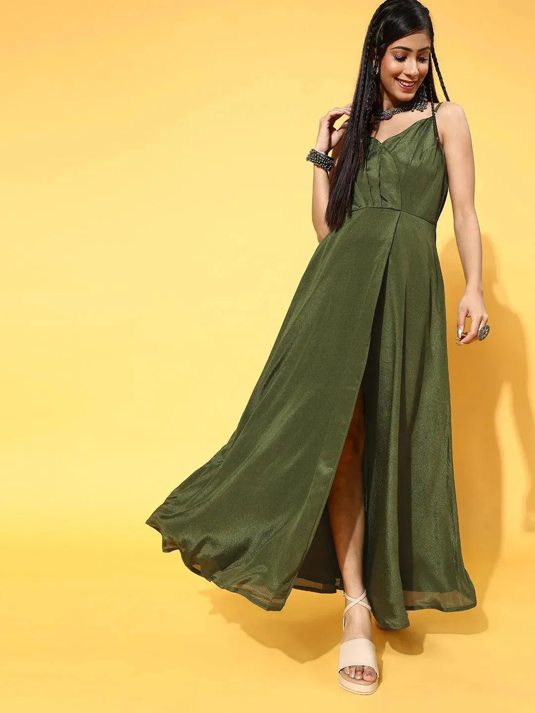 Green Solid Georgette Dress - Libas