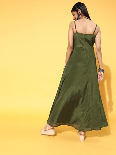 Green Solid Georgette Dress - Libas