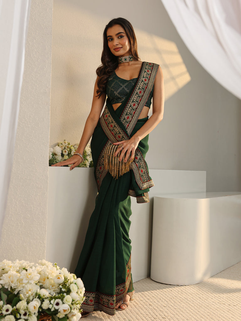 Libas Green Solid Georgette Saree With Unstitched Blouse Piece