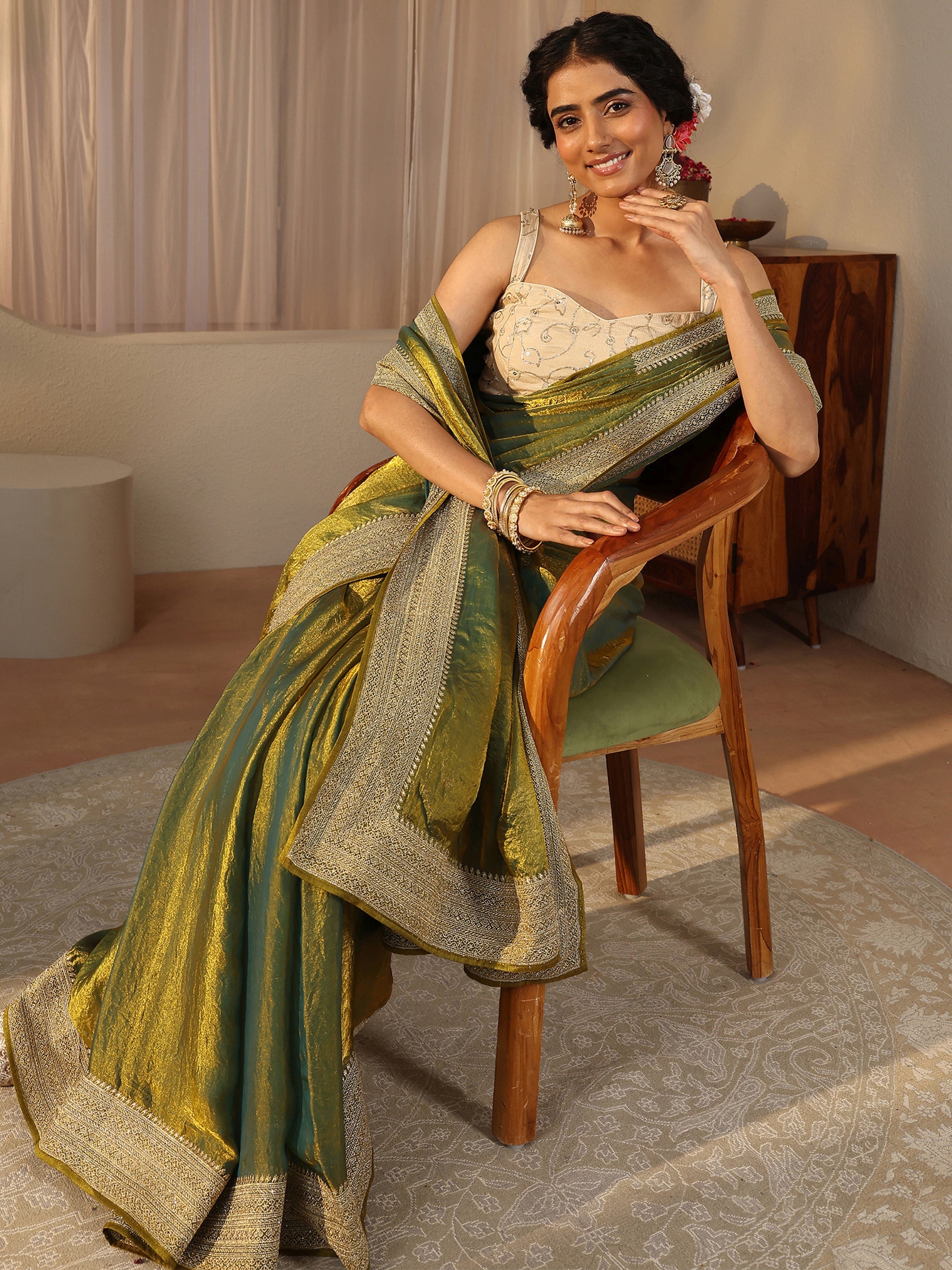 libas Green Solid Glossy Tissue Saree-picture-52