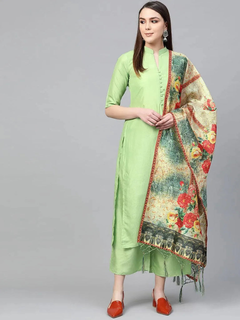 Libas Green Solid Muslin Straight Kurta With Palazzos & Dupatta