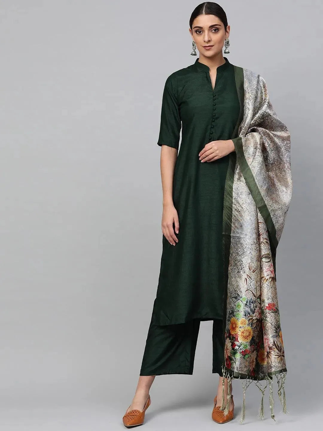 Green Solid Muslin Suit Set - Libas 