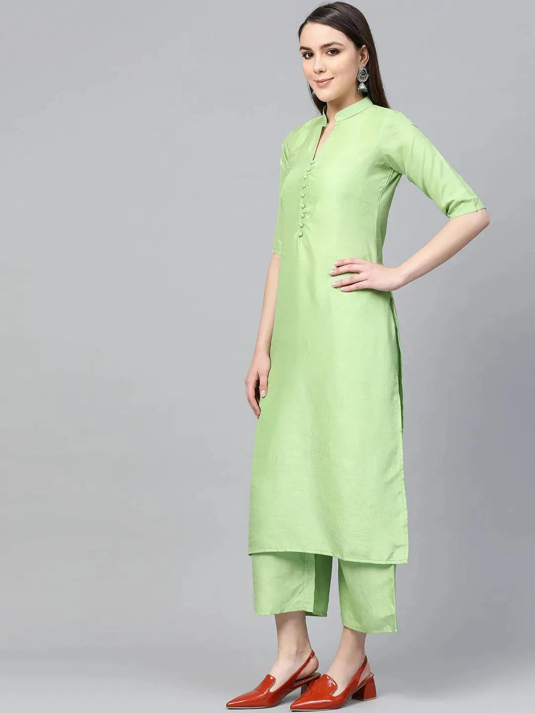 Green Solid Muslin Suit Set - Libas 
