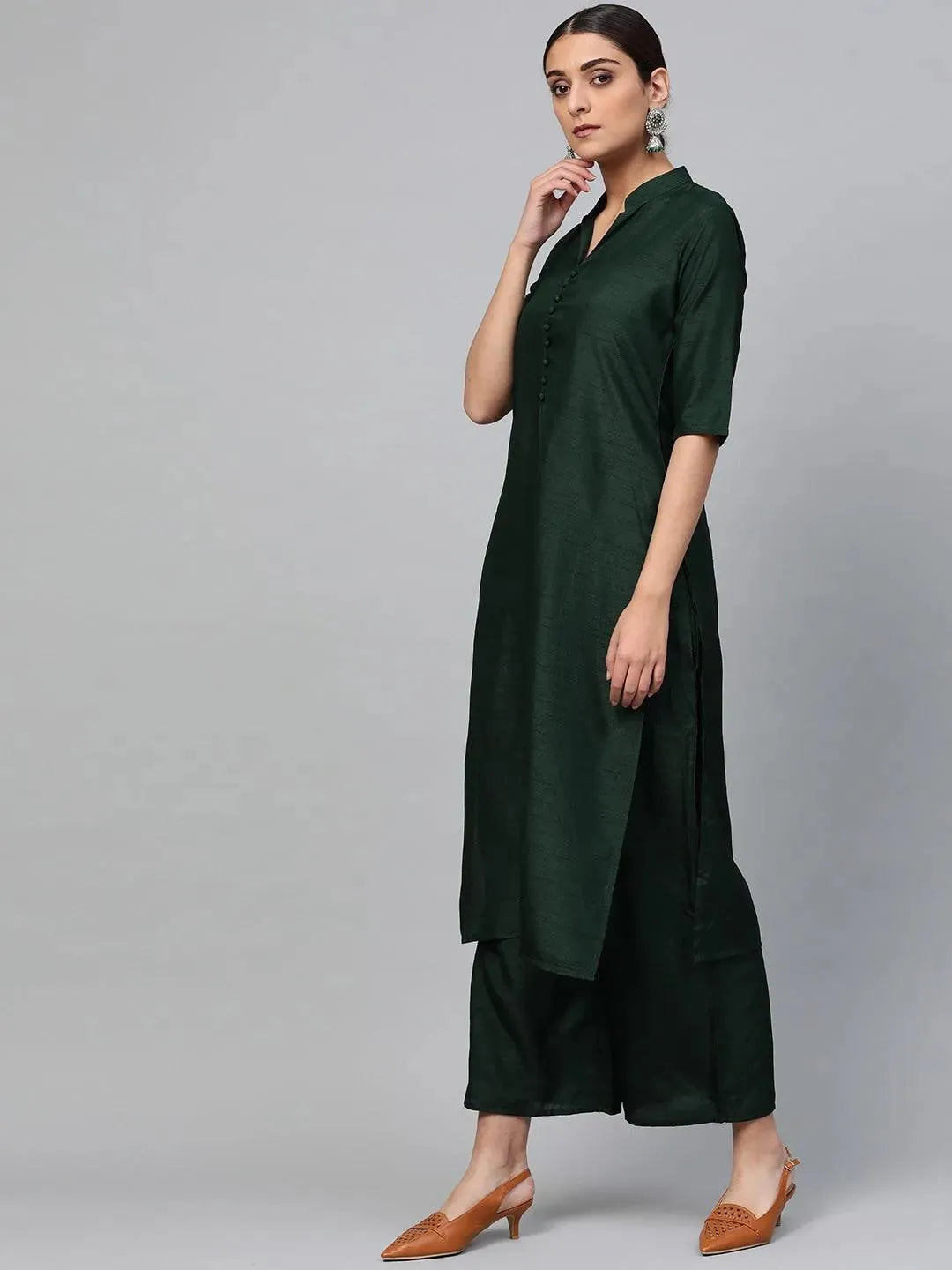 Green Solid Muslin Suit Set - Libas 