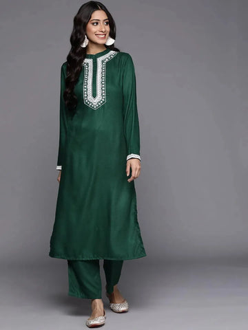 Green Solid Pashmina Wool Straight Kurta With Trousers