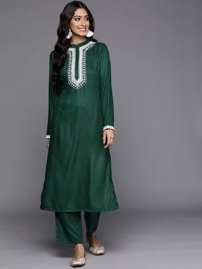 Green Solid Pashmina Wool Kurta Set - Libas