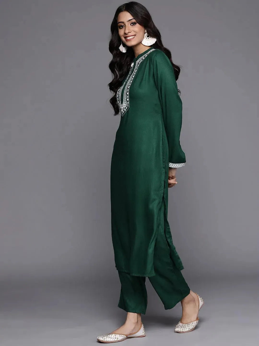 Green Solid Pashmina Wool Kurta Set - Libas