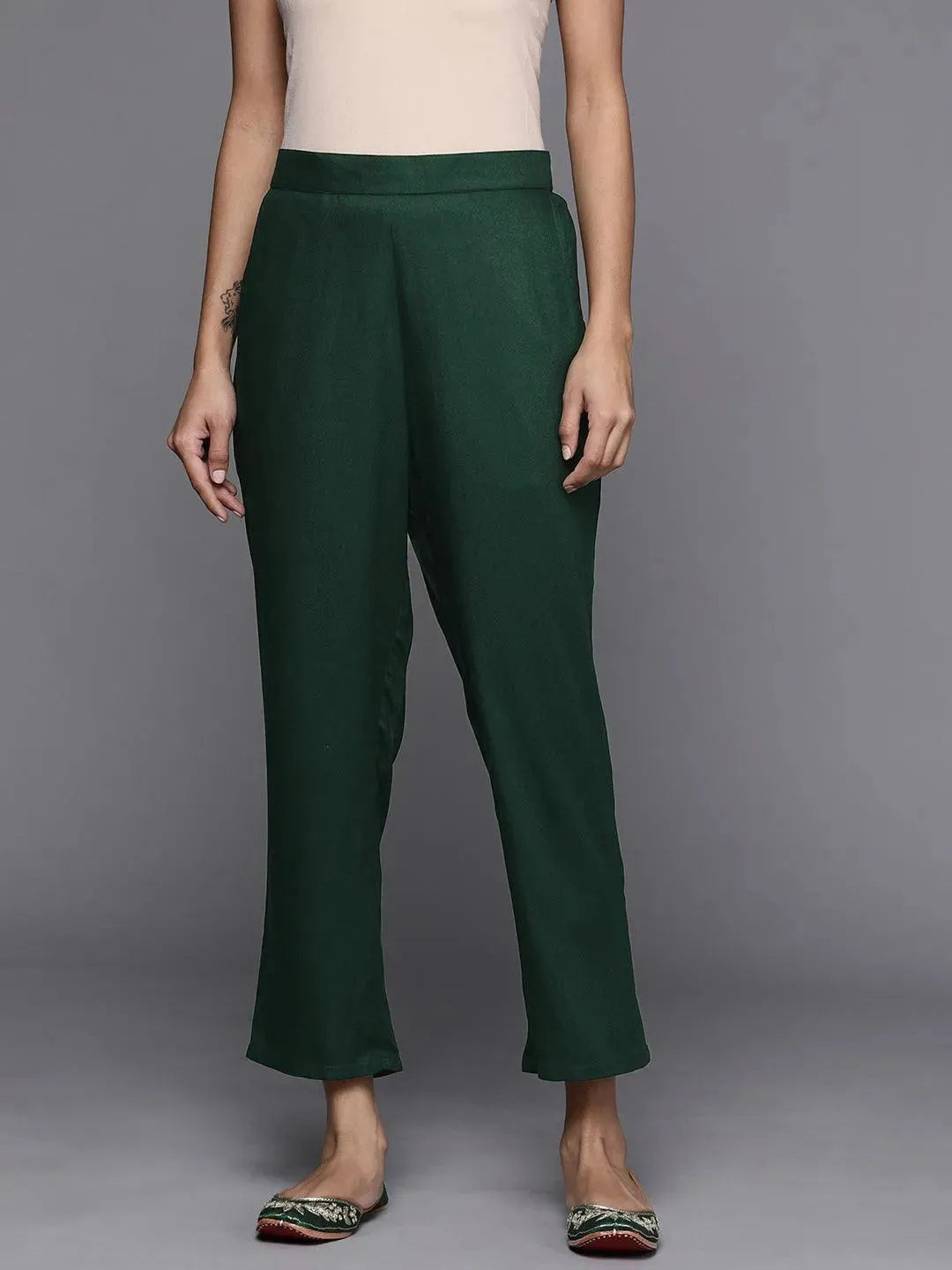 Green Solid Pashmina Wool Trousers - Libas