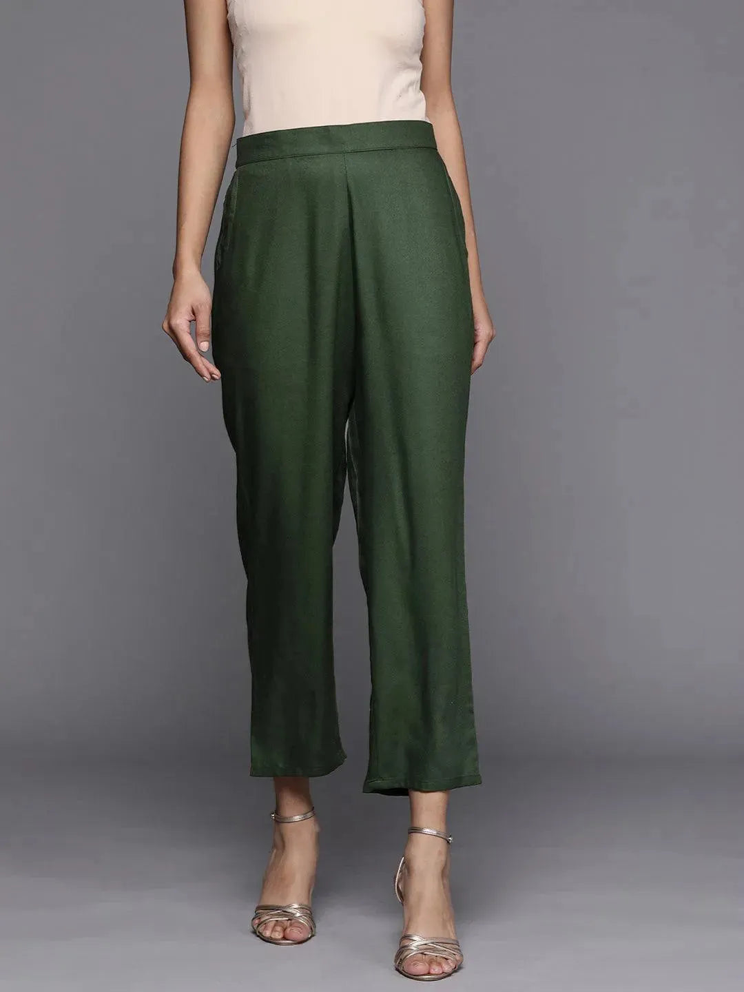 Green Solid Pashmina Wool Trousers - Libas