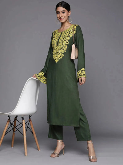 Green Solid Pashmina Wool Trousers - Libas