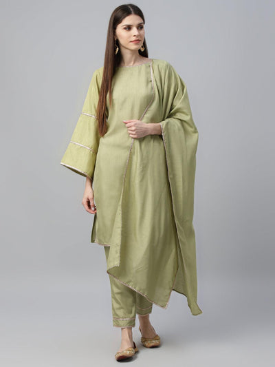 Green Solid Polyester Suit Set - Libas