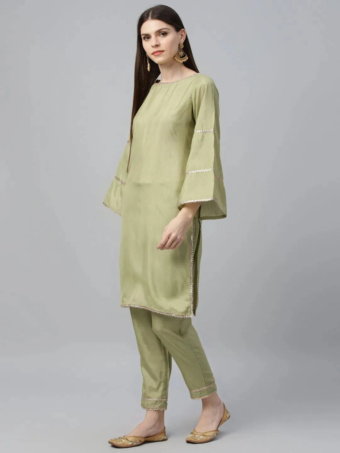 Green Solid Polyester Suit Set - Libas 