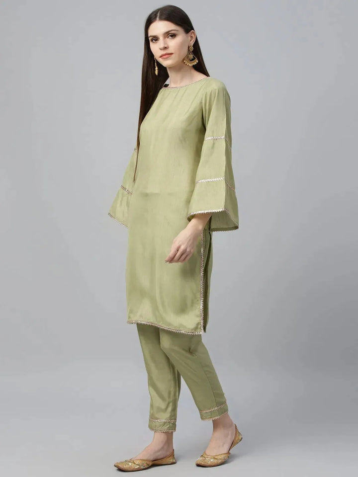 Green Solid Polyester Suit Set - Libas