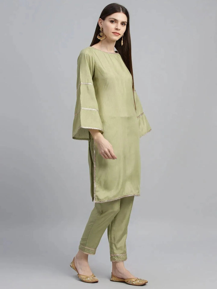 Green Solid Polyester Suit Set - Libas