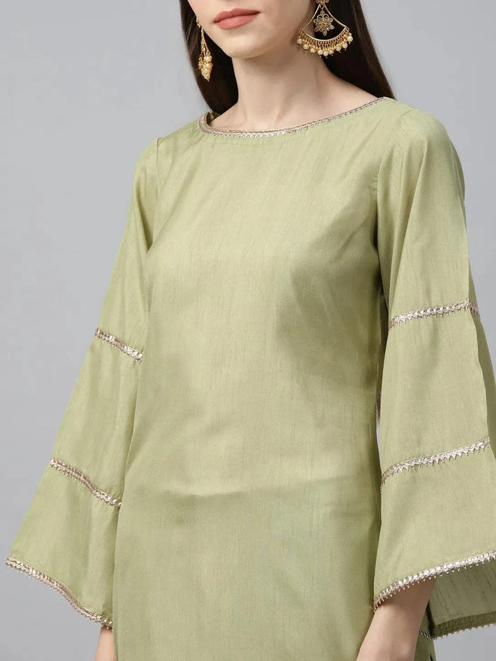 Green Solid Polyester Suit Set - Libas