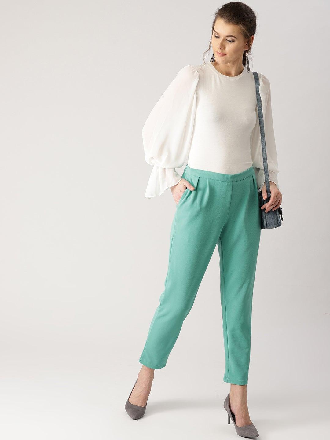 Green Solid Polyester Trousers - Libas