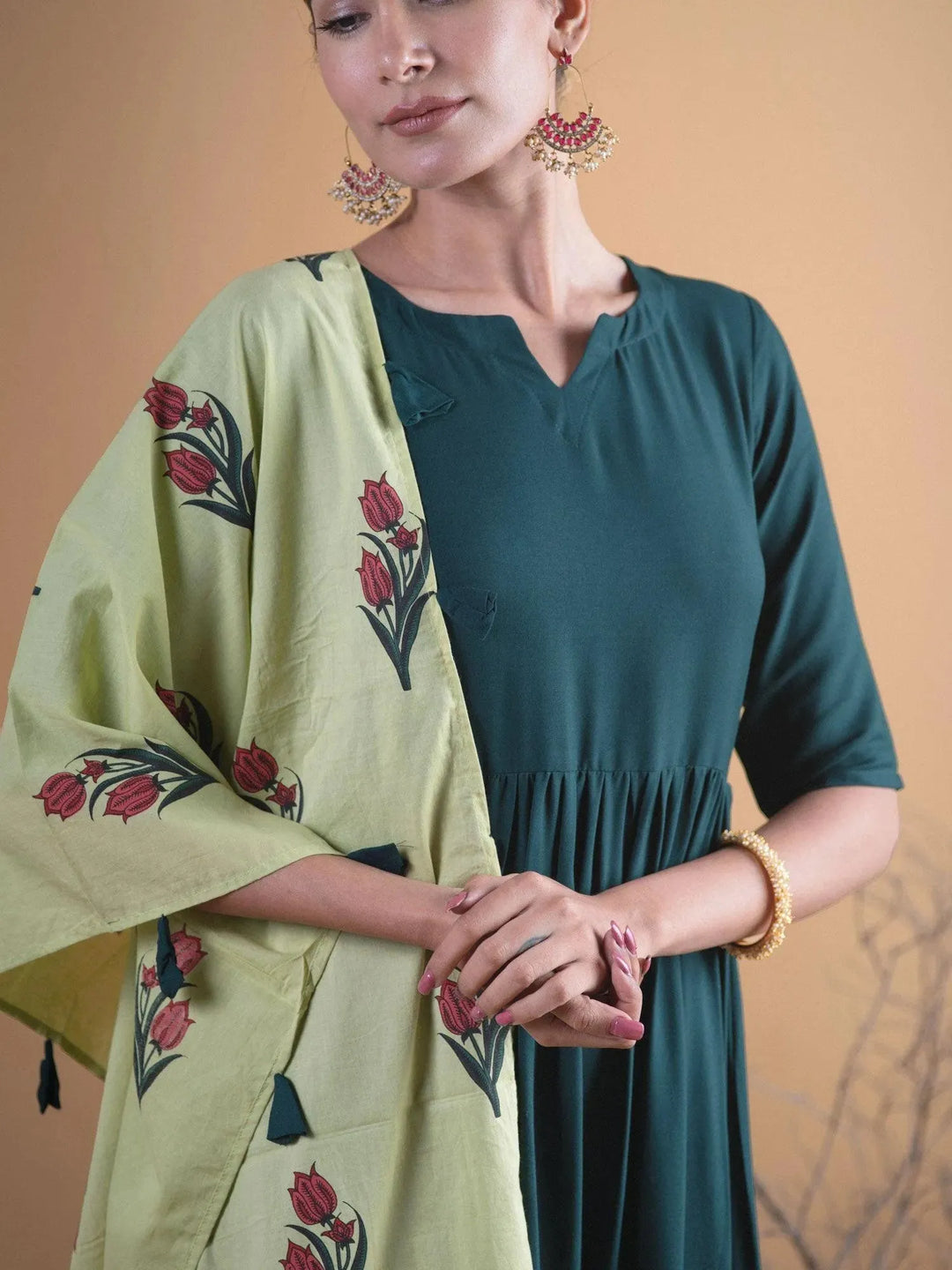 Green Solid Rayon Anarkali Kurta With Palazzos & Stole - Libas