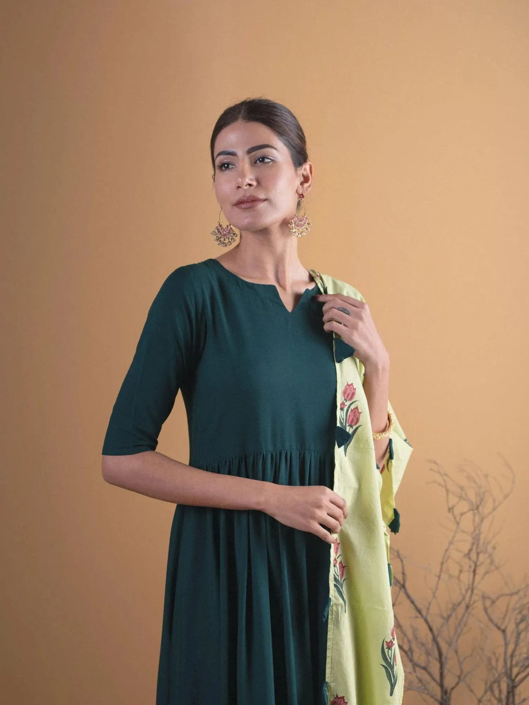 Green Solid Rayon Anarkali Kurta With Palazzos & Stole - Libas