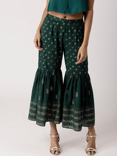 Green Solid Rayon Sharara Pants - Libas