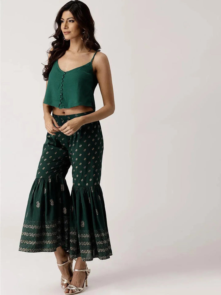 Green Solid Rayon Sharara Pants - Libas