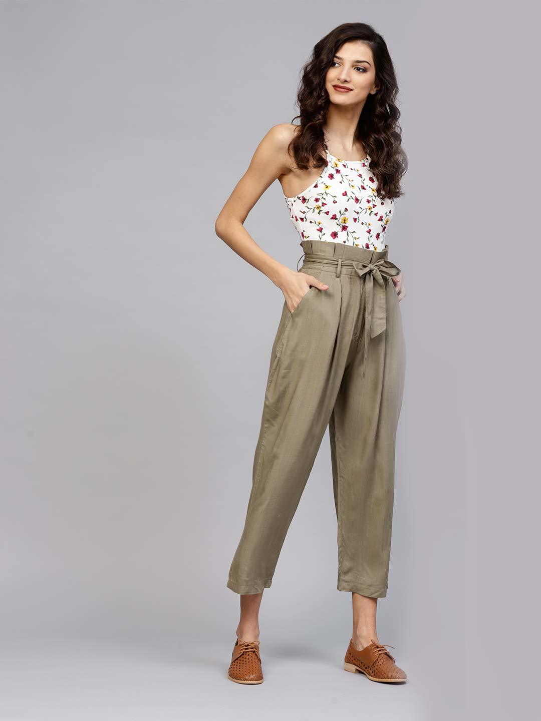 Green Solid Rayon Trousers - Libas